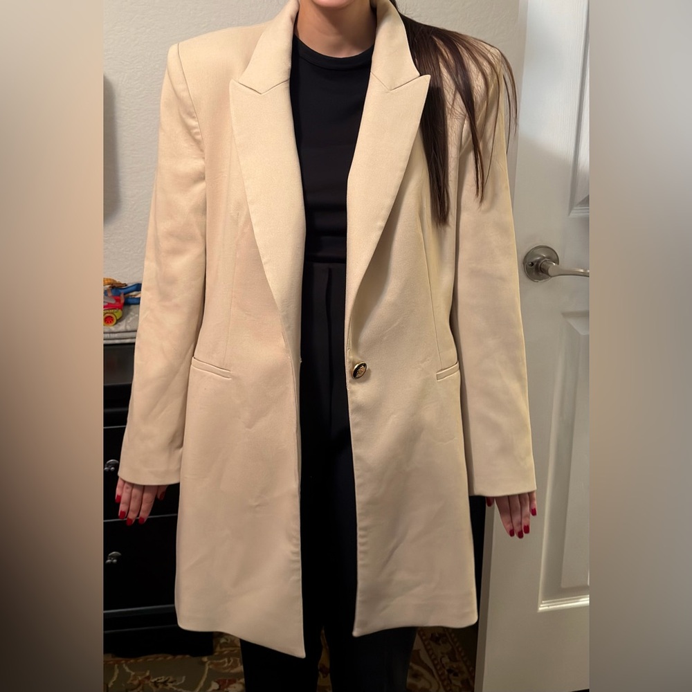 Zara Gold Button Long Blazer in Sand/Cream